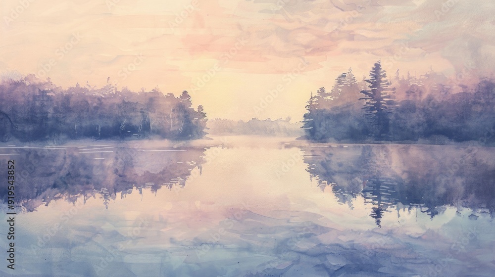 A serene watercolor painting of a lake at sunset with vibrant hues reflected in the sky and water, creating a tranquil and hazy atmosphere with a warm glow. A serene watercolor painting of a lake at sunset with vibrant hues reflected in the sky and water, creating a tranquil and hazy atmosphere with a warm glow.