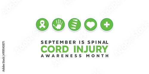 September is Spinal cord injury awareness month. Ribbon, hand, spine, heart and plus icon. Great for cards, banners, posters, social media and more. White background.
