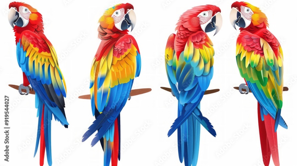 Fototapeta premium Four vibrant parrots on wooden branches in various poses, showcasing colorful plumage against a white background.