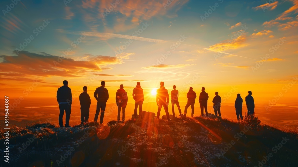 Silhouette of team stand and feel happy on the most hight at the mountain on sunset, success, leader, teamwork, target, Aim, confident, achievement, goal, on plan, finish, generate by AI. Silhouette of team stand and feel happy on the most hight at the mountain on sunset, success, leader, teamwork, target, Aim, confident, achievement, goal, on plan, finish, generate by AI.