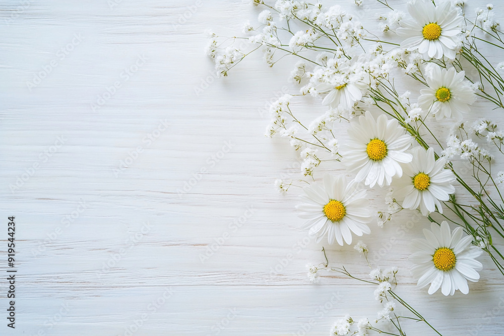 Fototapeta premium A flat lay of fresh daisies and babys breath arrange