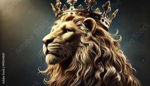 Lion of Judah wearing a golden crown, representing victory and divine authority photo