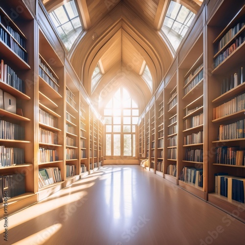 ethereal lightfilled library interior soft focus on endless bookshelves dreamy academic atmosphere sense of knowledge and discovery