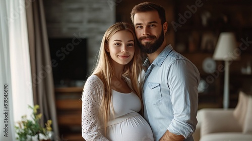 A happy couple stands together in their living room, embracing as they prepare for the arrival of their baby, surrounded by warm decor and soft lighting