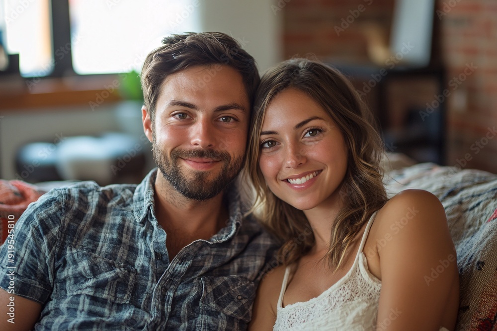 A smiling young couple relaxes together on a sofa, enjoying a cozy moment in their stylish living room filled with natural light A smiling young couple relaxes together on a sofa, enjoying a cozy moment in their stylish living room filled with natural light