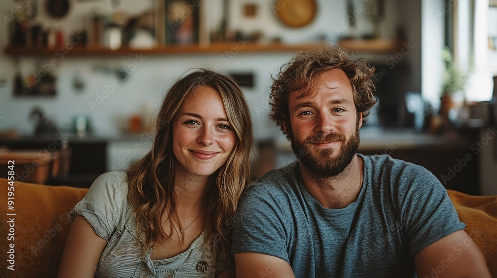 A couple enjoys a moment of togetherness, sharing smiles in their charming living room filled with warmth and natural light A couple enjoys a moment of togetherness, sharing smiles in their charming living room filled with warmth and natural light