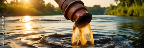 Waste flowing out of pipe into river, environmental pollution concept