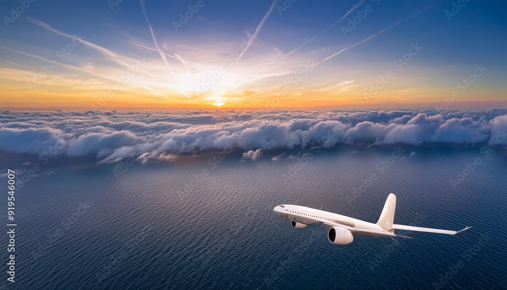 Fototapeta premium ethereal plane soaring above a sea of clouds celestial light streaming through blending divine and mortal realms in a breathtaking aerial vista