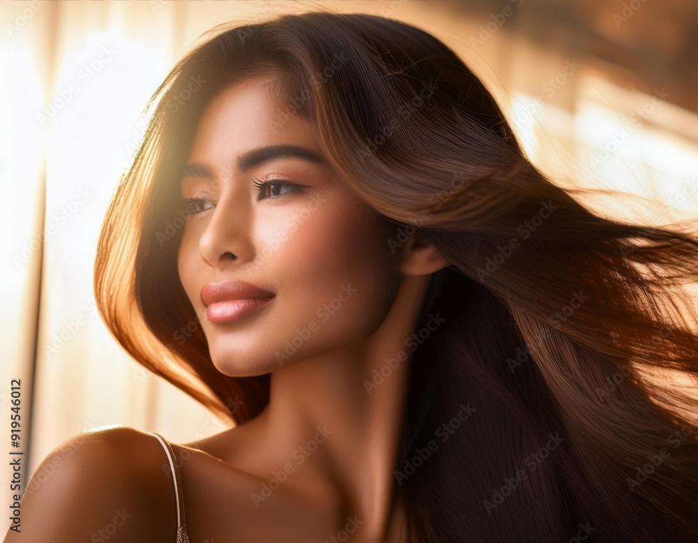 Naklejka premium ethereal portrait of woman with flowing glossy brown hair soft backlighting creates luminous glow emphasizing hairs silky texture and movement