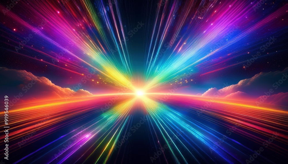 ethereal rainbow light rays piercing darkness kaleidoscopic lens flares creating dreamy abstract cosmic landscape ethereal rainbow light rays piercing darkness kaleidoscopic lens flares creating dreamy abstract cosmic landscape