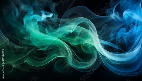 ethereal swirls of emerald and sapphire smoke against deep black background mysterious dreamlike quality with soft edges and billowing forms subtle hints of light creating depth