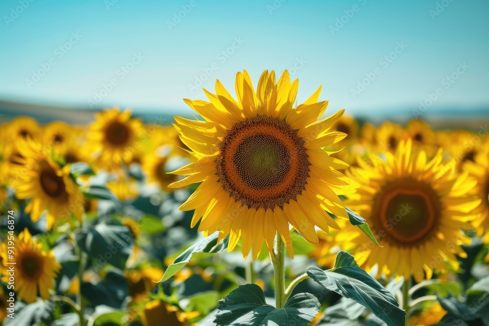 Fototapeta premium A vibrant sunflower stands tall amidst a field of golden blooms under a clear blue sky, radiating warmth and natural beauty.