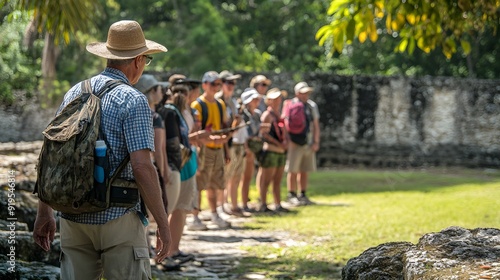 44. A tour guide leading a group through a historical site