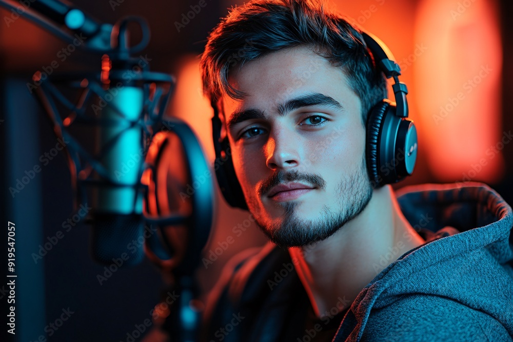A young man with headphones leans slightly toward a microphone, engaged in recording, surrounded by vibrant lighting in a cozy studio A young man with headphones leans slightly toward a microphone, engaged in recording, surrounded by vibrant lighting in a cozy studio