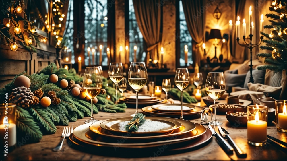 Festive Table Setting with Candles and Wine Glasses Festive Table Setting with Candles and Wine Glasses