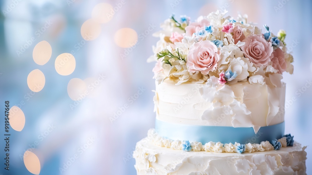 Fototapeta premium Wedding cake with flowers on the top