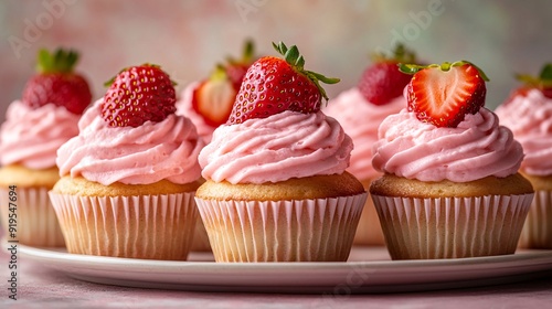 Delicious strawberry cupcakes with creamy pink frosting and fresh strawberries are displayed on a flat plate, creating a tempting dessert arrangement