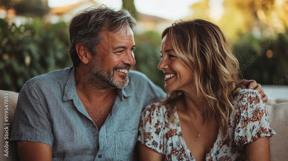 Fototapeta premium A couple smiles at each other lovingly while sitting on a couch in a bright garden, enjoying a warm afternoon and each other’s company