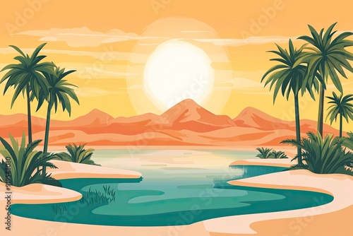 Flat design of oasis landscape background vector illustration