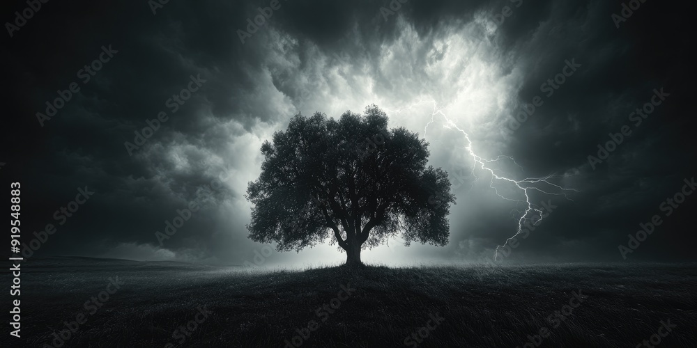 Fototapeta premium A Single Tree Silhouetted Against a Stormy Sky with Lightning