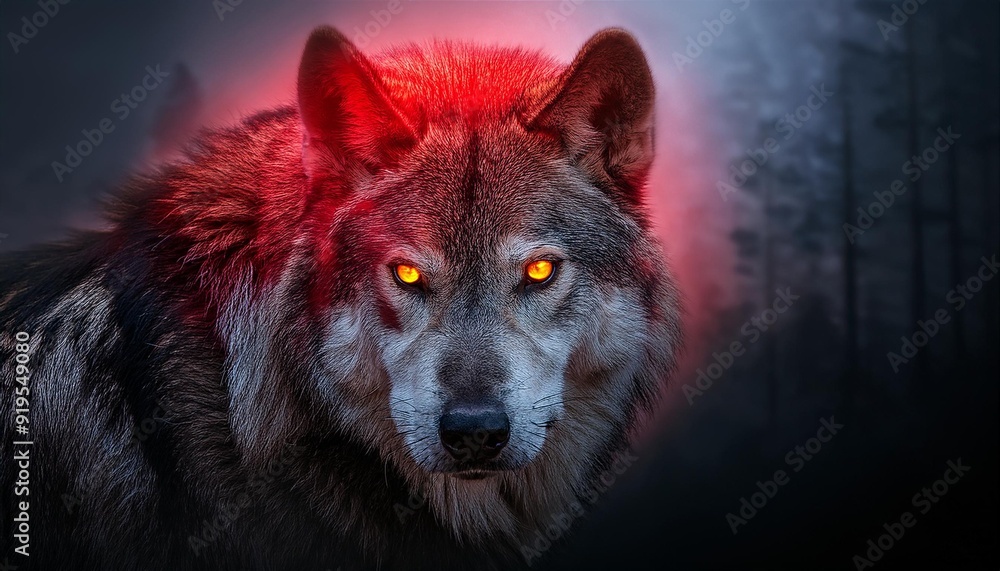 fierce wolf with glowing yellow eyes emerging from shadows face illuminated by eerie red glow dark misty background adding to mysterious atmosphere fierce wolf with glowing yellow eyes emerging from shadows face illuminated by eerie red glow dark misty background adding to mysterious atmosphere