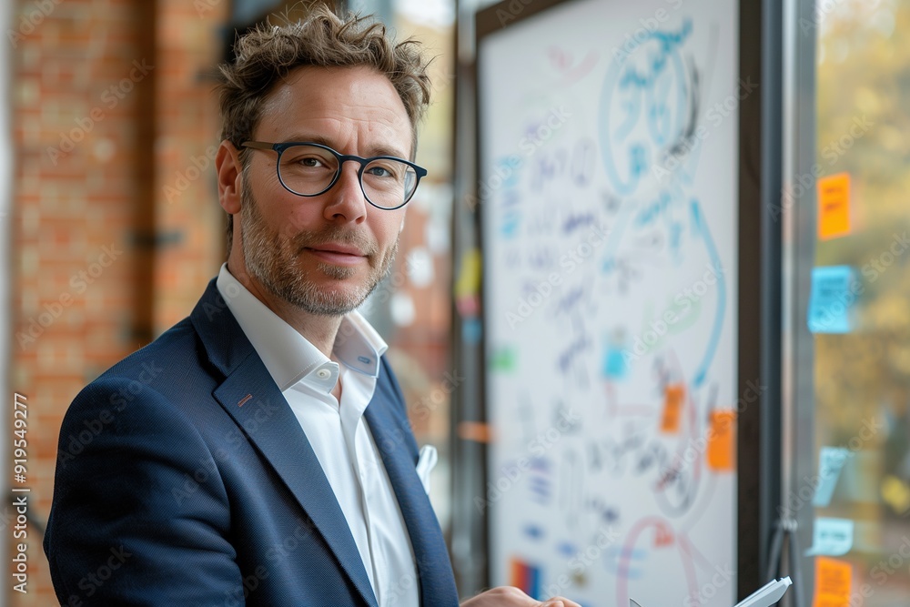 A man in a suit and glasses stands by a whiteboard, looking confidently at the camera. A man in a suit and glasses stands by a whiteboard, looking confidently at the camera.