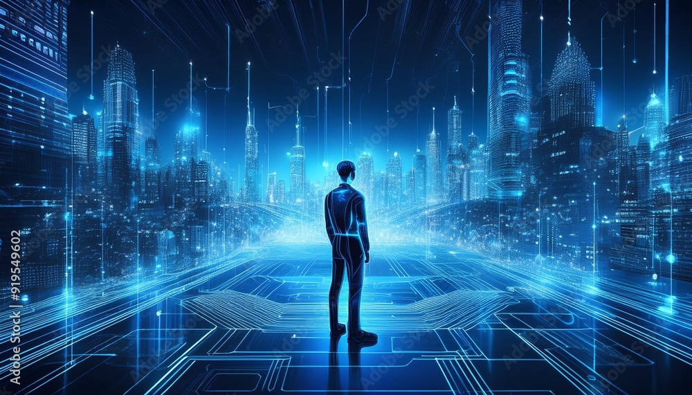 futuristic ai entity observing holographic city model glowing circuit patterns data streams sleek design cool blue tones advanced technology aesthetic futuristic ai entity observing holographic city model glowing circuit patterns data streams sleek design cool blue tones advanced technology aesthetic