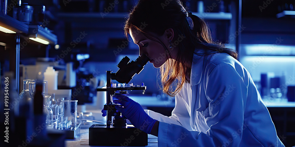 Caucasian woman in lab coat studying samples under a microscope in a research laboratory. Caucasian woman in lab coat studying samples under a microscope in a research laboratory.
