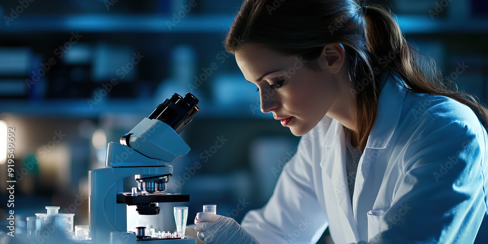 Caucasian woman in lab coat studying samples under a microscope in a research laboratory. Caucasian woman in lab coat studying samples under a microscope in a research laboratory.