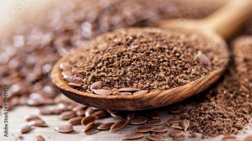 Close-up, flax seeds in a wooden spoon with a slide, ground flax seeds on a wooden table. Omega-3 fatty acid ALA, lignans, fiber, antioxidant.