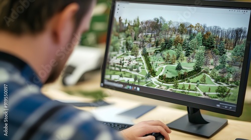 83. A landscape architect designing a park layout on a computer