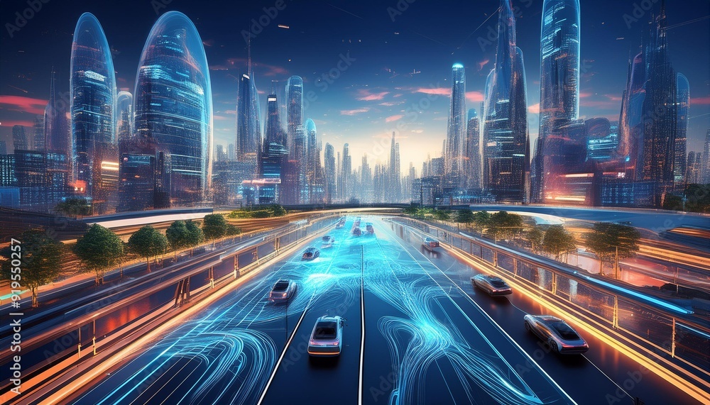 futuristic cityscape with autonomous vehicles navigating smart roads featuring holographic traffic signals sleek design and seamless integration of technology and urban planning futuristic cityscape with autonomous vehicles navigating smart roads featuring holographic traffic signals sleek design and seamless integration of technology and urban planning