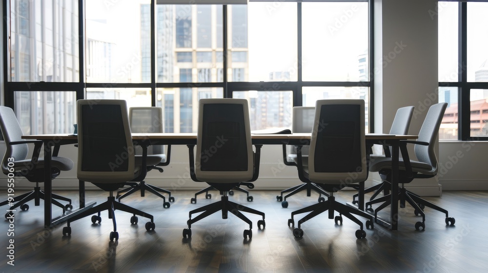 Empty conference room with six chairs and table, featuring large windows with city view. Empty conference room with six chairs and table, featuring large windows with city view.