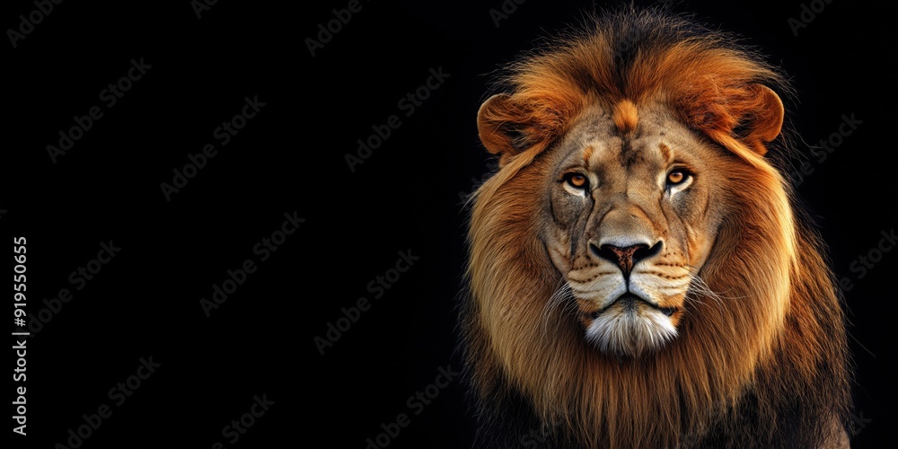 Fototapeta premium Photo of a lion isolated against a black background, emphasising the lion's majestic features. Wildlife and conservation concept, space for copy.