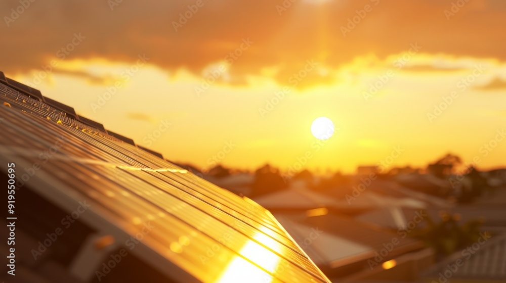 Obraz premium Business roof with solar panels, sun in the background during golden hour.