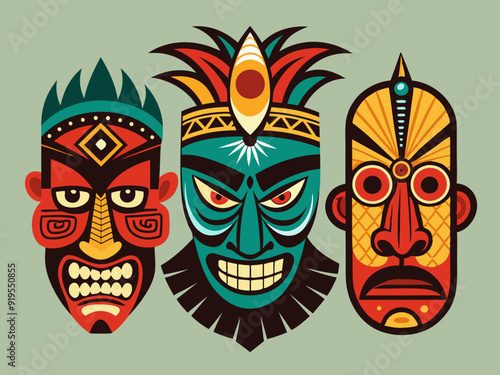 Ethnic masks. Tiki totem, voodoo african tribal head. Zulu traditional god, hawaiian indigenous vintage tattoo ritual polynesian face black vector set
