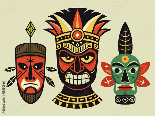 Ethnic masks. Tiki totem, voodoo african tribal head. Zulu traditional god, hawaiian indigenous vintage tattoo ritual polynesian face black vector set

