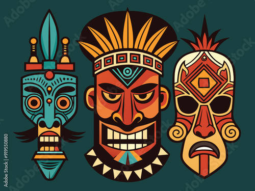 Ethnic masks. Tiki totem, voodoo african tribal head. Zulu traditional god, hawaiian indigenous vintage tattoo ritual polynesian face black vector set
