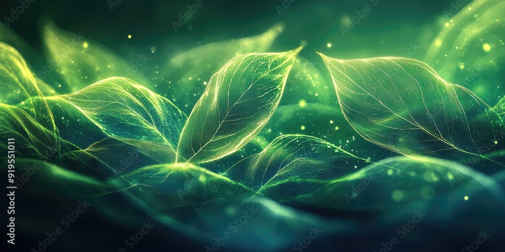 Naklejka premium Abstract Green Leaves with Glowing Veins and Particles