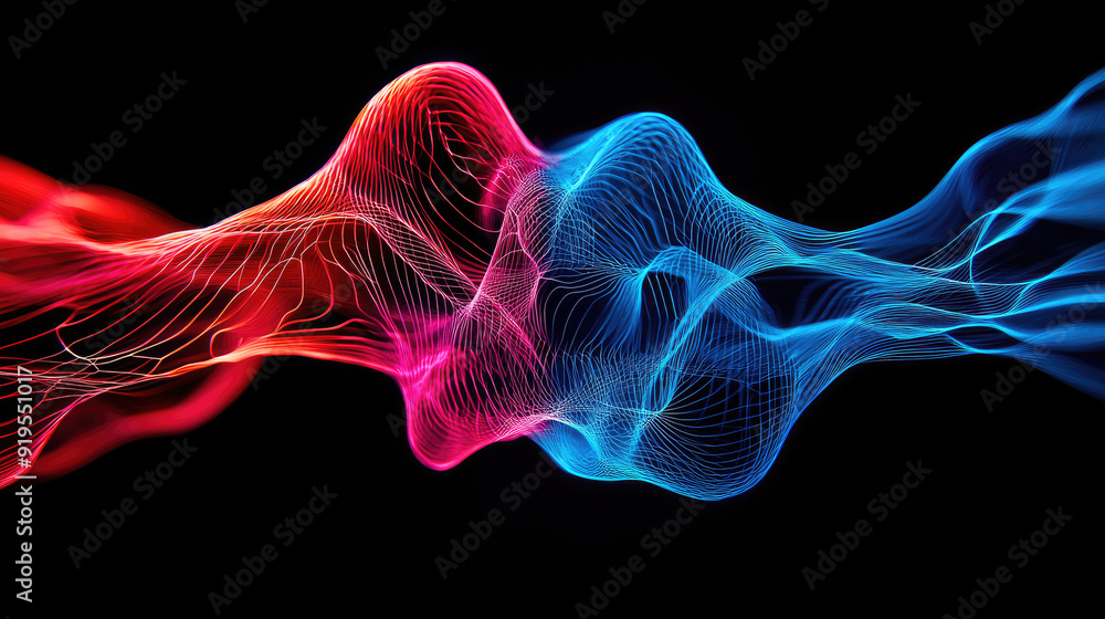 Fototapeta premium Abstract digital wave in vibrant colors of red and blue, creating a captivating visual flow against a black background.