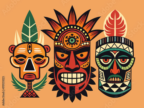 Ethnic masks. Tiki totem, voodoo african tribal head. Zulu traditional god, hawaiian indigenous vintage tattoo ritual polynesian face black vector set

