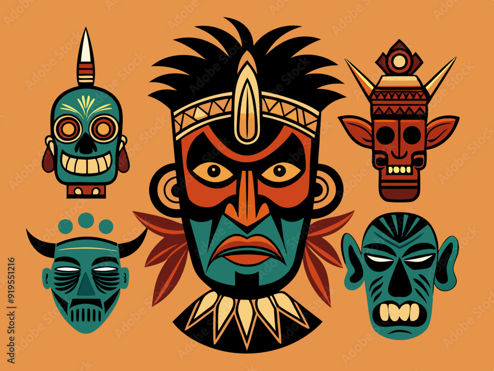 Obraz premium Ethnic masks. Tiki totem, voodoo african tribal head. Zulu traditional god, hawaiian indigenous vintage tattoo ritual polynesian face black vector set 