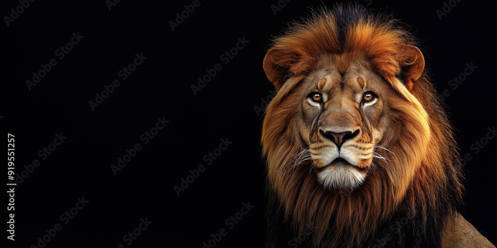 Photo of a lion isolated against a black background, emphasising the lion's majestic features. Wildlife and conservation concept, space for copy. Photo of a lion isolated against a black background, emphasising the lion's majestic features. Wildlife and conservation concept, space for copy.