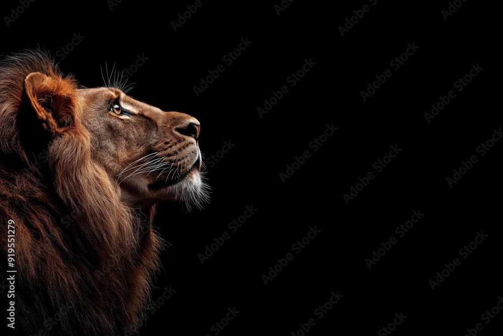 Fototapeta premium Photo of a lion isolated against a black background, emphasising the lion's majestic features. Wildlife and conservation concept, space for copy.