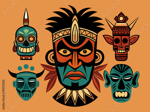 Ethnic masks. Tiki totem, voodoo african tribal head. Zulu traditional god, hawaiian indigenous vintage tattoo ritual polynesian face black vector set
