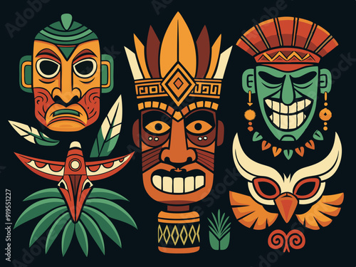 Ethnic masks. Tiki totem, voodoo african tribal head. Zulu traditional god, hawaiian indigenous vintage tattoo ritual polynesian face black vector set
