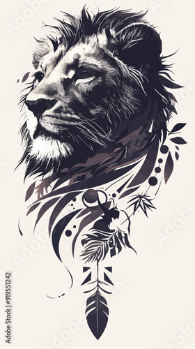 Black Symmetric Lion Tattoo - Vector Design on White Background