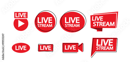 Vector Set Of Red Icons Related To Live Streaming And Broadcasting Include Text And Symbols To Represent Live Streaming