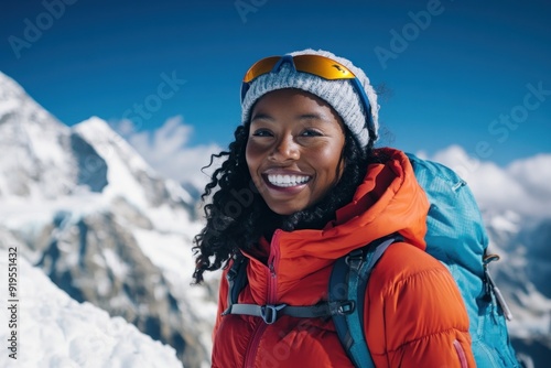 Female climber in red jacket smiling on snowy mountain.