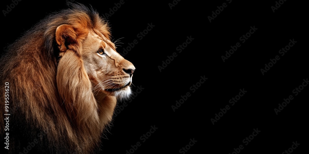 Photo of a lion isolated against a black background, emphasising the lion's majestic features. Wildlife and conservation concept, space for copy. Photo of a lion isolated against a black background, emphasising the lion's majestic features. Wildlife and conservation concept, space for copy.